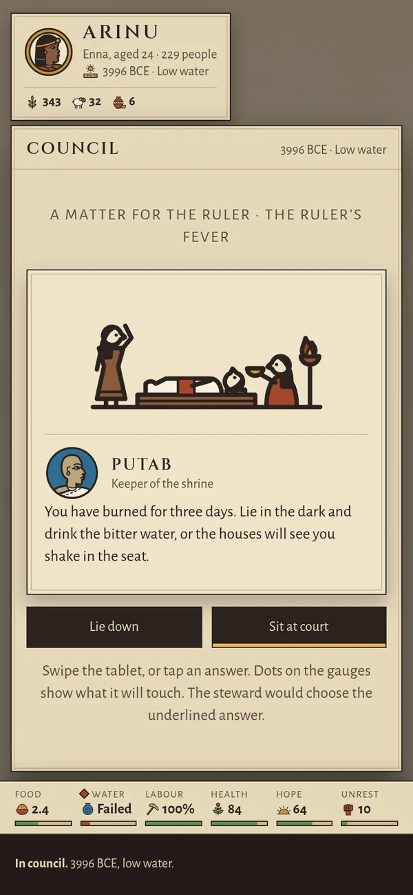 A matter at court in the game: the keeper of the shrine tells a ruler three days in a fever to lie down in the dark, or be seen shaking in the seat at court.