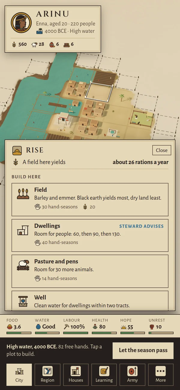 A plot’s sheet in the game: what a field on this rise would yield, and what could be built there instead — a field, dwellings, pens or a well — with the hand-seasons each would take.